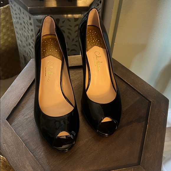 π 1 hour sale. Cole Haan, 7.5, Black Patent Leather Peep Toe Heels - Picture 11 of 11
